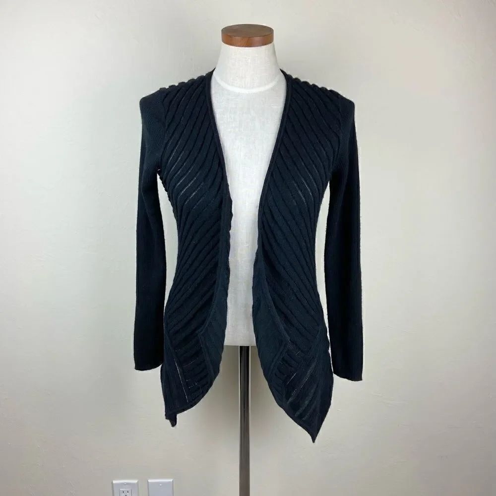 Eileen Fisher Ribbed Wool-Blend Open-Front Cardigan Sweater - Black